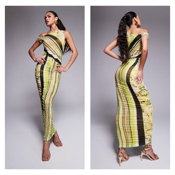 AFRM Dresses & Skirts - AFRM Biona Striped Ankle Length Bodycon Dress Asymmetrical Neck Ruched Mesh